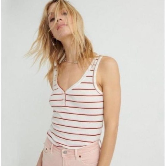 Lucky Brand Striped Knit Cotton Modal Button Detail Tank Top Size Medium - Picture 2 of 6